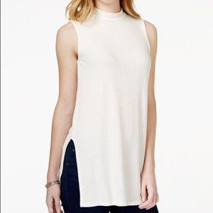 Bar III High Neck Cream Ribbed Long Sleeveless Top